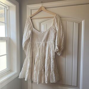 Able White Puff Sleeve Dress with Smocked and Ruffled Details